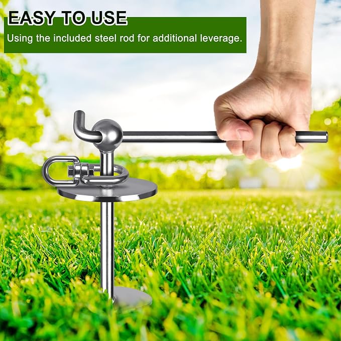 16 Inch Dog Tie Out Stake, Heavy Duty Screw in Anchor for Dogs up to 220lbs, 360° Swivel, No Tangle, Double-Sided Welded Spiral Ground Anchor for Yard, Camping, and Beach