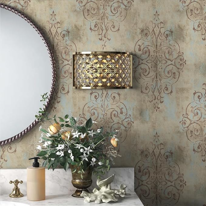 HAOKHOME Vintage French Damask Peel and Stick Wallpaper Deep Yellow/Mist Blue/Brown Vinyl Self Adhesive Wall Paper Design for Walls Bathroom Bedroom Home Decor 17.7in x 32.8ft