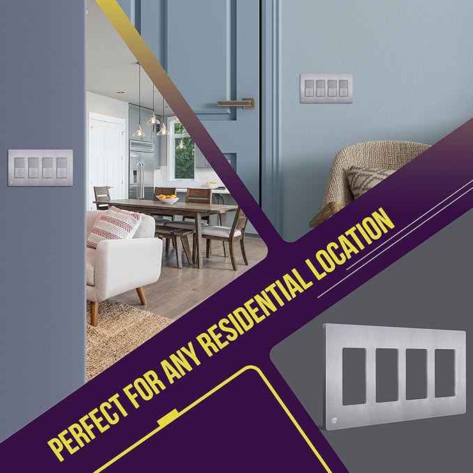 ENERLITES Elite Series Screwless Decorator Wall Plate Child Safe Outlet Cover, Gloss Finish, Size 4-Gang 4.68" H x 8.30" L, Unbreakable Polycarbonate Thermoplastic, SI8834-BSV, Brushed Silver