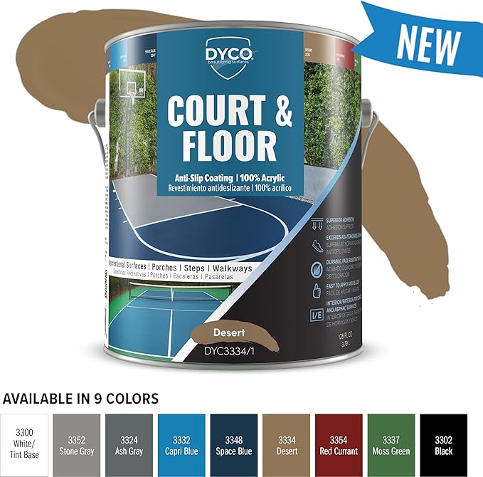 DYCO Court & Floor Anti-Slip Coating - Slip-Resistant Pavement, Cement & Concrete Paint for Pickleball, Tennis & Basketball Courts, Exceeds ADA Standards for Safety Areas (Desert, 1 Gallon)