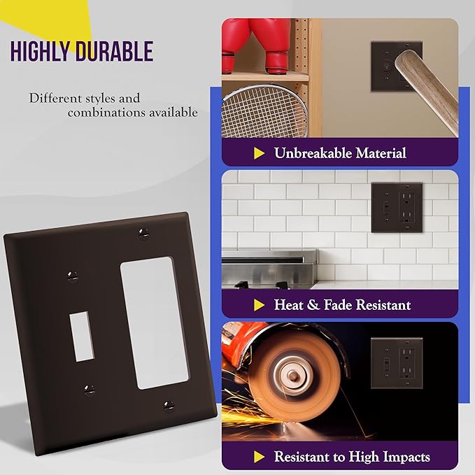 ENERLITES Combination Toggle Light Switch/Decorator Light Switch Plate, Double Switch Wall Plate, Standard Size 2-Gang 4.50" x 4.57", Polycarbonate Thermoplastic, 881131-BR, Brown