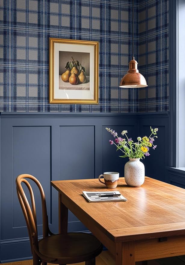 NextWall Harry & Grace Herringbone Plaid Premium Matte Non-Woven Peel and Stick Wallpaper (Blue Smoke)