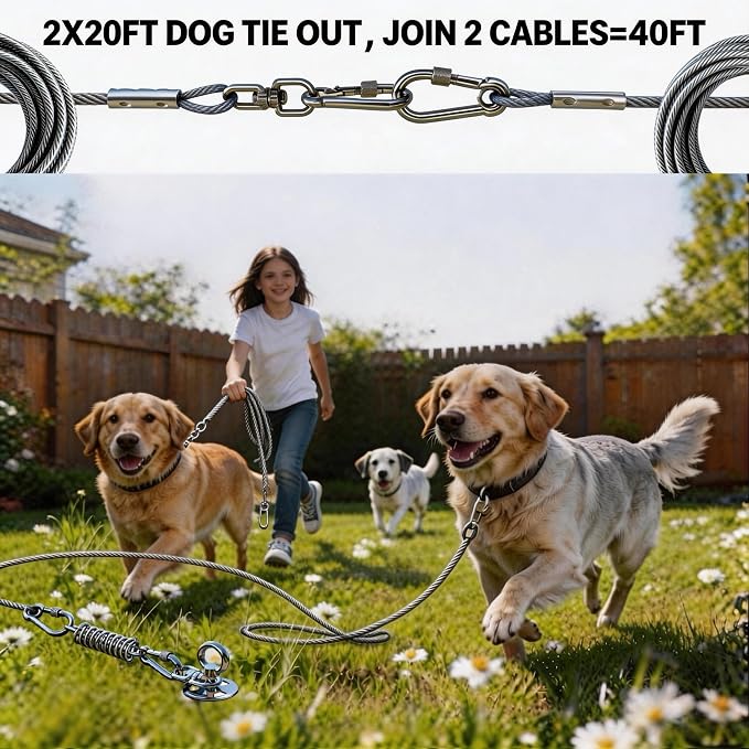 Dog Tie Out Stake with Shock Spring, Dual 20ft Cables, Heavy Duty 304 Stainless Steel Anchor, 2x360° No Tangle Swivel for Large Medium Small Dogs, Yard & Camping (Stake/2X20ft Cable/250lbs)