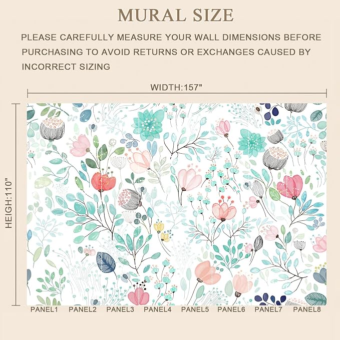 MFWFM Minimalist Floral Peel and Stick Mural Wallpaper Flowers Wall Mural | 157"x110", for Bedroom Living Room Bathroom, Self Adhesive Canvas
