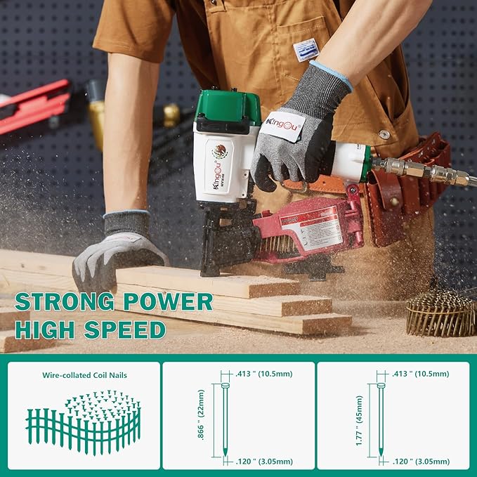 Kingou Mexican Style NVH45 Roofing Nail Gun For Roofing Constructions Accepts 7/8-Inch to 1-3/4-Inch Nails 15 Degree With 3/8 NPT Air Connector 120-pcs Load Capacity Roofing Nailer