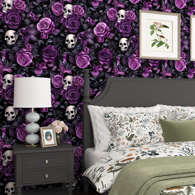 Gothic Dark Purple Skull Floral Wallpaper Peel and Stick 17.5"x118" | Self Adhesive/Removable/Waterproof/Thick Vinyl Vintage Contact Paper for Bathroom Bedroom Shelf Cabinet Drawer,Prepasted