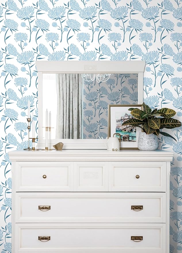 Hopepak Peel and Stick Wallpaper Floral Contact Paper Blue Floral Wallpapers Modern Self Adhesive Removable Vinyl Wallpaper for Living Room 17.3"x197"