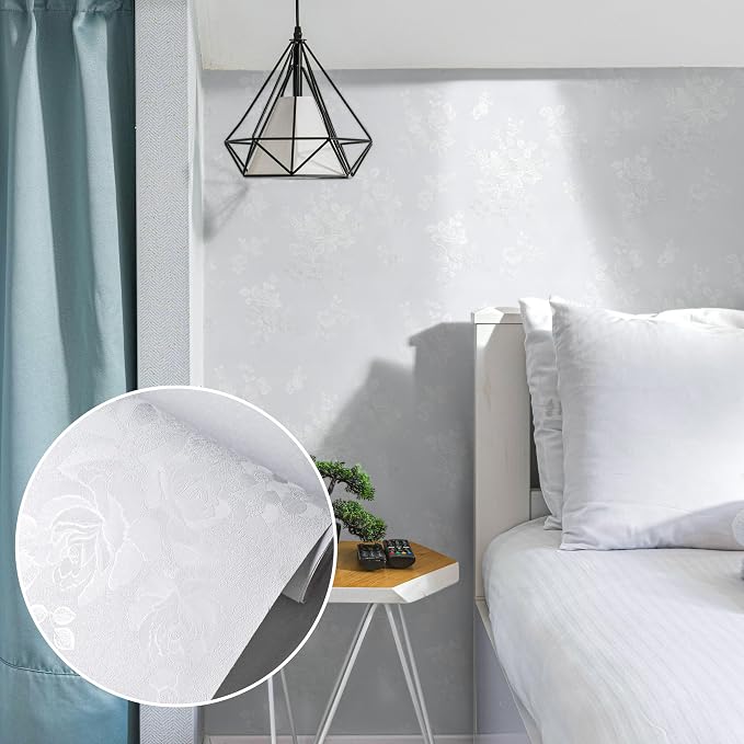 White Wallpaper Silk Embossed Floral Thicken Textured 118in17.7in | Cool White Flower Contact Paper for Cabinets Furniture,Vinyl Self Adheive Removable Wallpaper Used for Bedroom Living Room