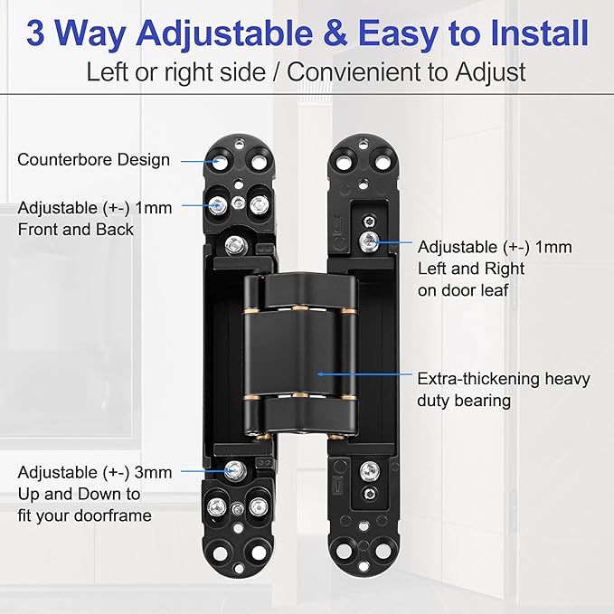2Kits 7 inch Stainless Steel Hidden Door Hinges -Invisible Hinges for Doors, 180 Degree Swing Concealed Door Hinges, 3 Way Adjustable for Heavy Duty (‎Black)