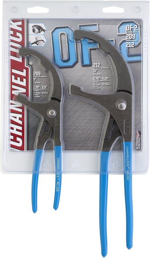 CHANNELLOCK OF-2 2pc Oil Filter/ PVC Pliers Set, Made in USA, Forged High Carbon Steel, Includes 9 and 12-inch Oil Filter/ PVC Pliers, Ideal for Engine Oil Filters, Conduit and Fittings