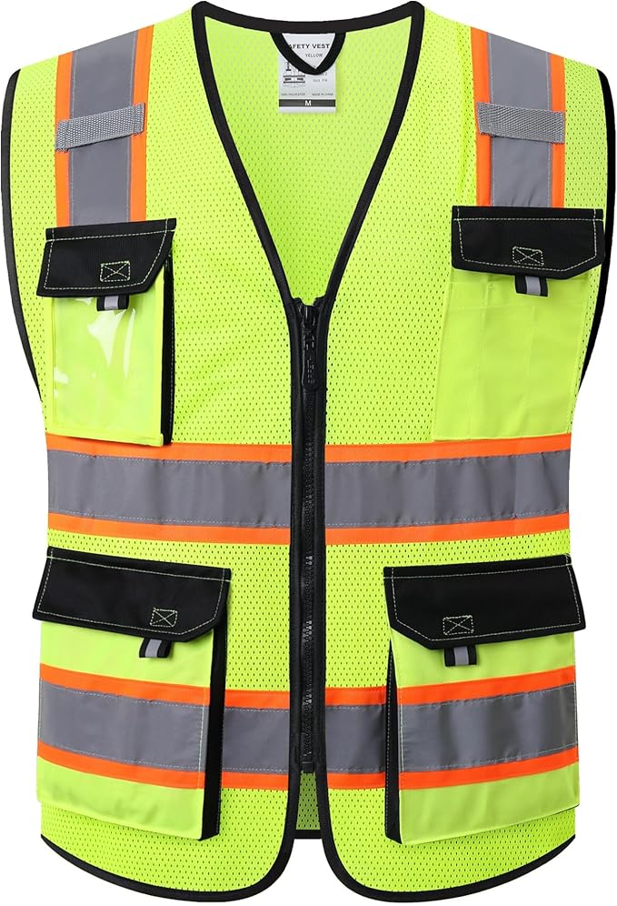 JKSafety Hi Vis Reflective Safety Vests for Men Women High Visibility Vest with Pockets Mesh Fabric Construction Safety Apparel Neon Vest for Work (220-Yellow 3XL)