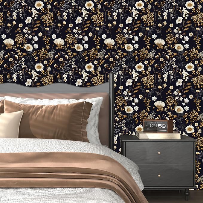 Dark Floral Gold Leaf Vintage Wallpaper Peel and Stick 17.5''x118'' | Self Adhesive/Removable/Waterproof/Thick Vinyl Contact Paper for Bathroom Bedroom Shelf Cabinet Drawer,Prepasted,Easy Peel