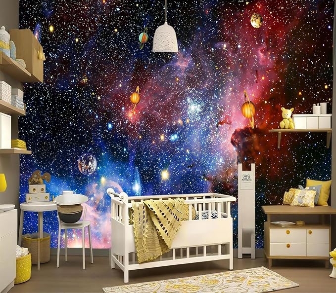 YIHWM-Peel and Stick Galaxy Wallpaper Universe Planet Starry Sky wall Mural | Tear-resistant,with a substantial feel;Will not be damaged during repositioning.Boy's Room,kids room wallpaper.M-118"x85"