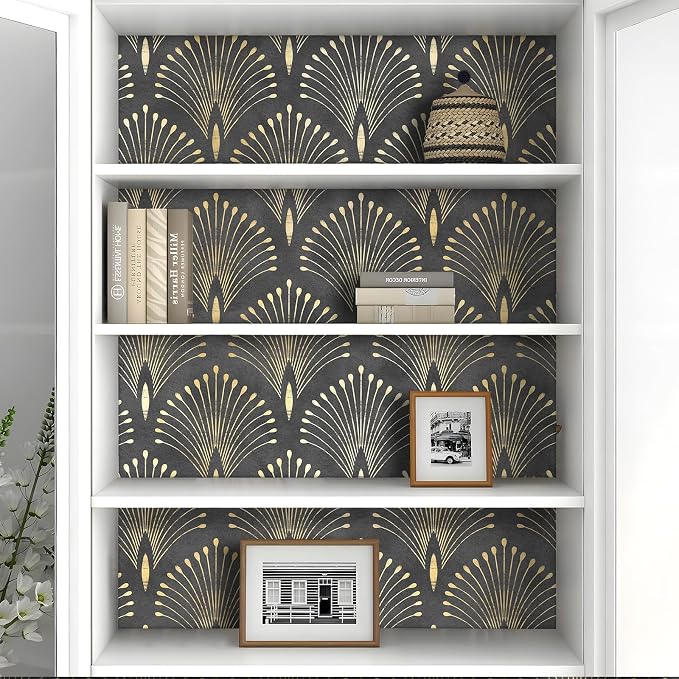 Livelynine 17.5x276 Art Deco Black and Gold Peel and Stick Wallpaper Abstract Peacock Wall Paper Prepasted Rolls Renter Friendly Black Vintage Contact Paper Waterproof Vinyl Geometric Wall Coverings