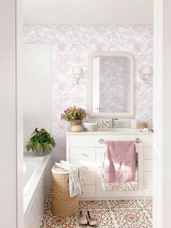 393"x17.3" Peel and Stick Wallpaper Floral Contact Paper Boho White Pink Flower Wallpaper Removable Wall Paper Self Adhesive Modern for Cabinets Drawers Bedroom Thicken Vinyl