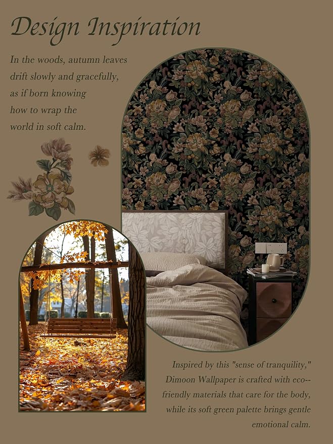 Dimoon Vintage Wallpaper Peel and Stick Archival Dark Green Floral Wallpaper 17.3"x197"Flower Leaf Retro Contact Paper for Bedroom Thicken Waterproof Self Adhesive Wall Paper Removable Vinyl Roll