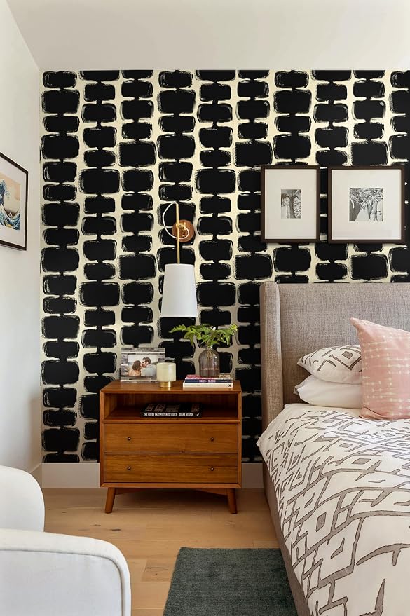 Safiyya 17.3"x197" Peel and Stick Wallpaper Black and Cream White Contact Paper Mid Century Modern Abstract Geometric Wall Paper Self Adhesive Removable Wallpaper for Bathroom and Bedroom Vinyl