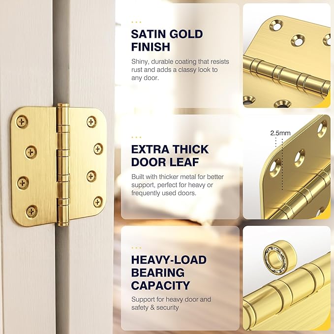 KOLET Gold Door Hinges, 4 x 4 Inches Ball Bearing Door Hinges, 5/8'' Radius Corner Hinges, Heavy Duty Stainless Steel, Smooth and Quiet, Non Removable Pin, Satin Gold, 6 Pack