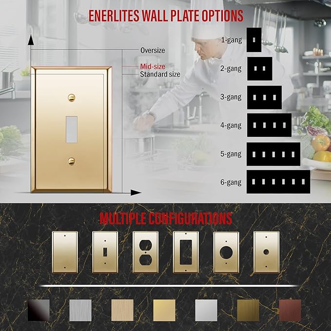 ENERLITES Toggle Light Switch Metal Wall Plate, Stainless Steel Switch Cover, Corrosion Resistant, Mid-Size 1-Gang 4.88" x 3.11", Stainless Steel 201, 7711M-PB, Polished Brass