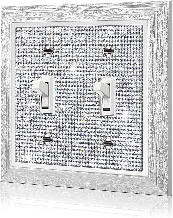 1 Pcs Shiny Rhinestones Switch Wall Plate Double Gang Toggle Imitation Wood Grain Light Switch Covers Decorator Plate Outlet Wall Plates