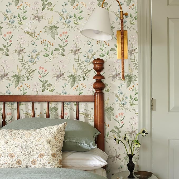 Simon&Siff Vintage Floral Peel and Stick Wallpaper 17.3" x 480" | Beige Botanical Contact Paper Self Adhesive Removable Waterproof Wall Paper, Renter Friendly, Bedroom Cabinets DIY Decor