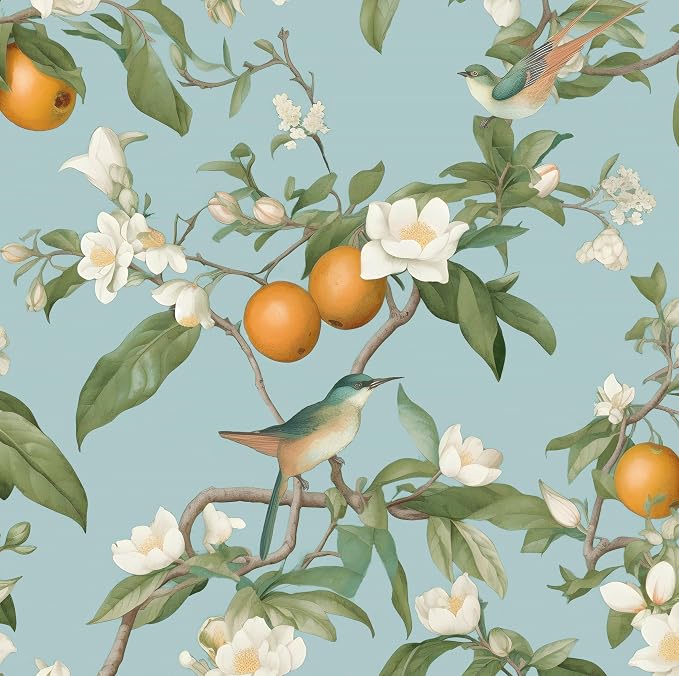 Laatse Blue Floral Wallpaper Peel and Stick, Vintage Bird Fruits Contact Paper 17.5" x 197", Removable Self Adhesive Waterproof Retro Wall Mural for Room Walls Shelves Cabinet Table Decor
