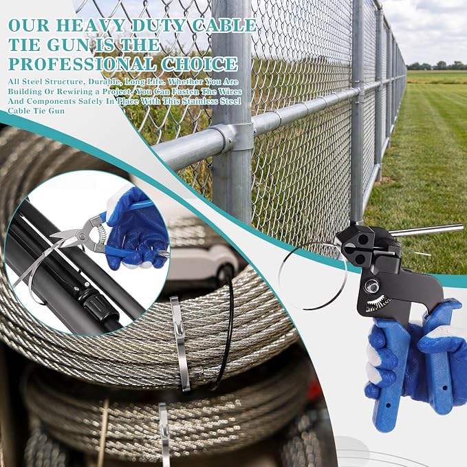 LEIFIDE Stainless Steel Cable Tie Gun Set 200 Pcs 11.8 Inch Heavy Duty Metal Zip Tie Adjustable Fastening Cutting Tool for Outdoor Exhaust Wrapping Fence Workshop(Silver, Blue)