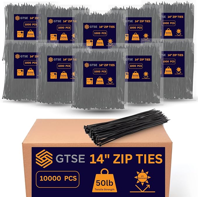 GTSE 14 inch Black Zip Ties, 10,000 Bulk Contractors Pack, 50lb Strength, UV Resistant Long Nylon Cable Ties, Self-Locking 14" Tie Wraps, Full Carton