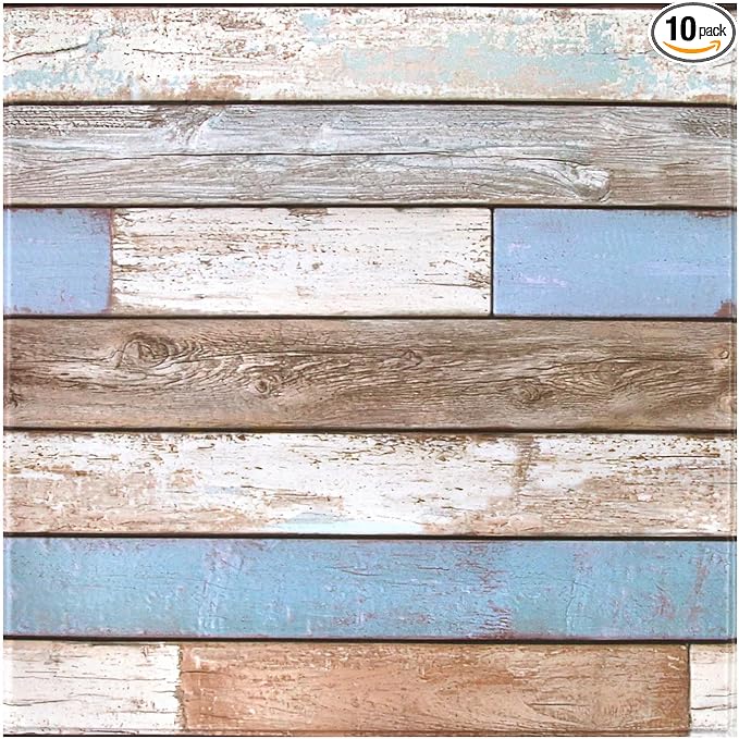 COMSTICKC Peel and Stick Faux Wood Wall Sticker Wall Panels, 10 Pcs of 12" x 12", Ultra-Light Thin PVC 3D Fake Wood Shiplap Self-Adhesive Wall Covering Wallpaper Interior Farmhouse Decor, Blue Brown
