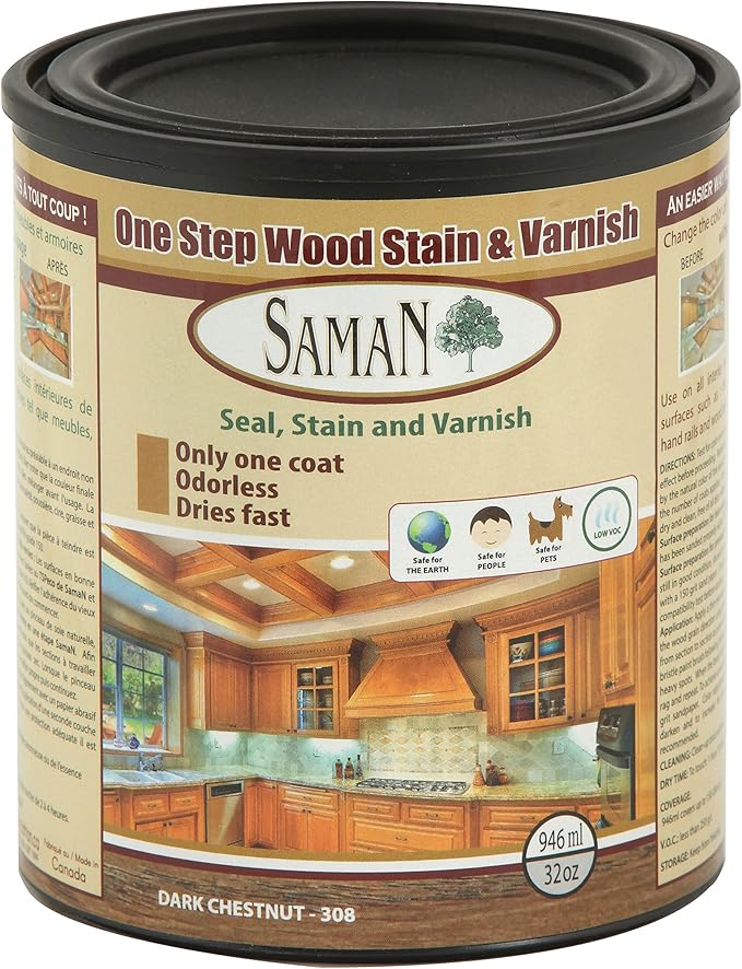 SamaN Interior One Step Wood Seal, Stain and Varnish – Oil Based Odorless Dye - Protection for Furniture and Fine Wood (Dark Chestnut SAM-308, 32 oz)