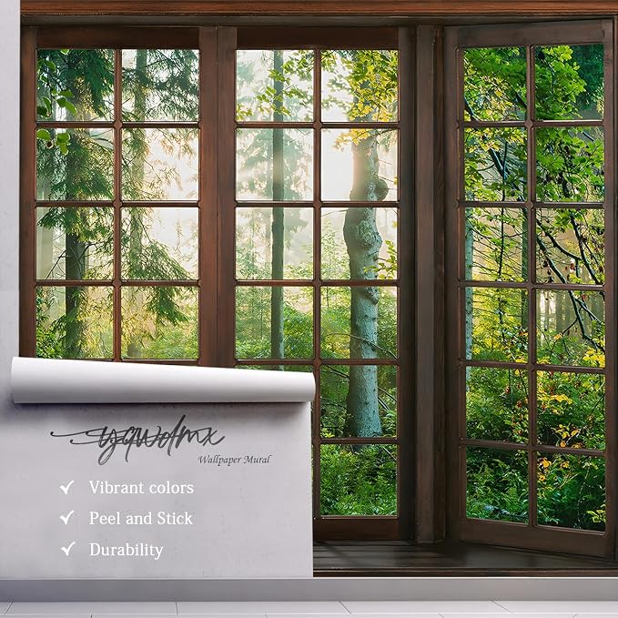 YQWDMX - 3D Green Forest Peel and Stick Wallpaper Window Mural for Bedroom ZY06 L