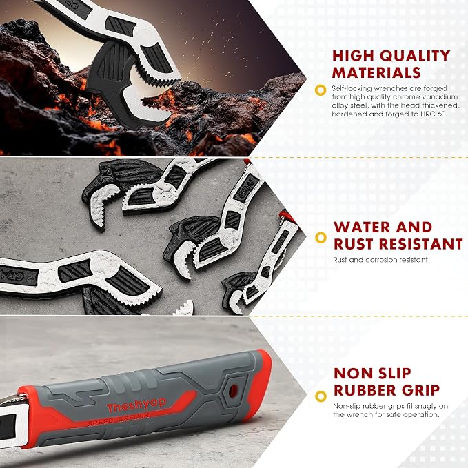 Multifunctional Self locking Wrench, Self Adjusting Pipe Wrench, 10 Inch Plumbers Wrench for (15-35mm) 19/32”-1 3/8”Nuts, Irregular Nuts, Pipes Use, Chrome Vanadium Alloy Steel (10 In)
