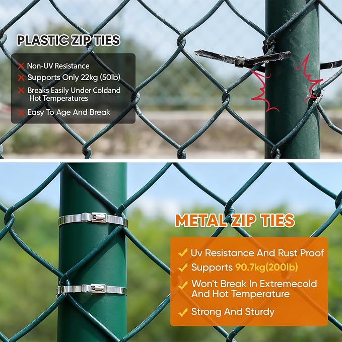 Heavy Duty 304 Stainless Steel Cable Tie Gun Kit - 100PCS 11.8" Metal Zip Ties (200LBS) + Industrial Scissors, UV Resistant Tool - Fence Ties, Exhaust Pipe, Chicken Coop, Industrial Use