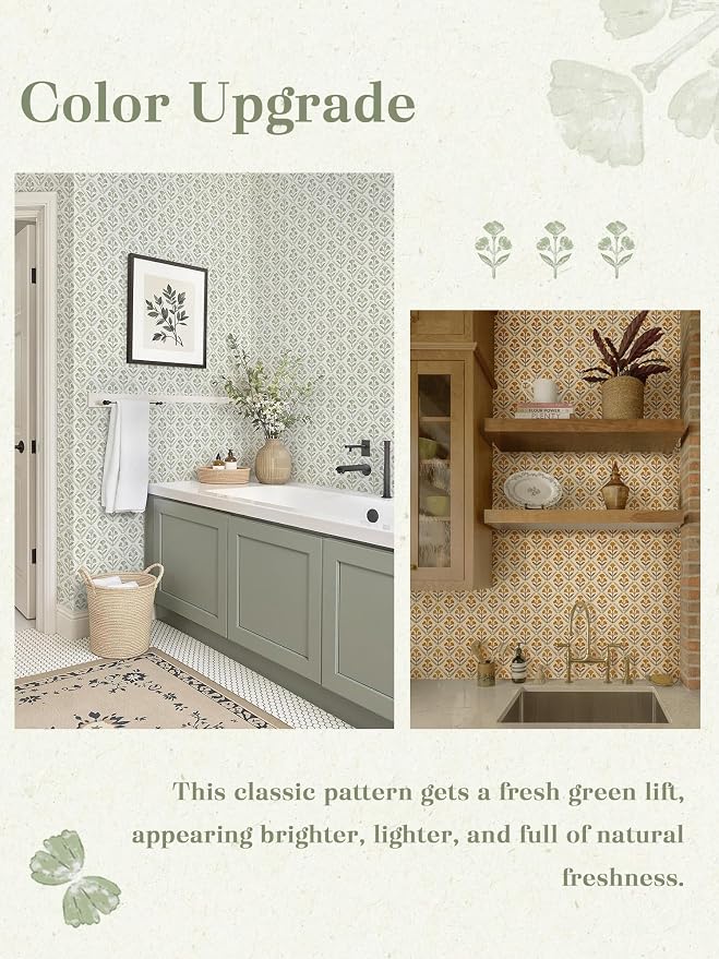 Dimoon Green Peel and Stick Wallpaper Floral Contact Paper Village Vintage Summer Cute Farmhouse Cottage Wall Paper Country Renter Friendly Geometry Waterproof Moody Bathroom Kitchen 394"x17.3"