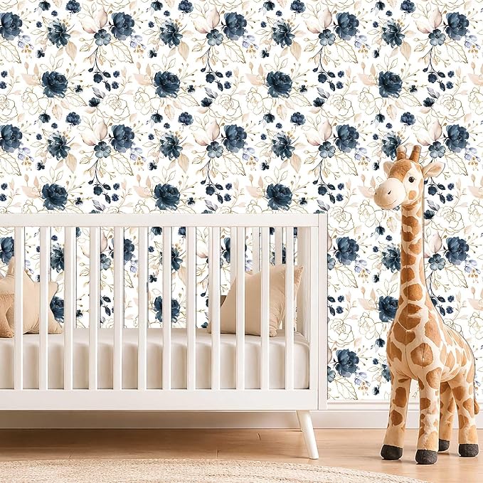 Navy Blue Floral Peel and Stick Wallpaper 17.7"x393.3" | Removable thick vinyl, watercolor botanical design, laundry room, bedroom, bathroom, renter friendly accent walls