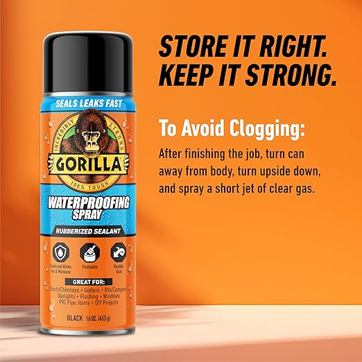 Gorilla Waterproofing Spray, Rubberized Sealant, Black, 16 Ounce (Pack of 6) - Seals Out Water, Air, and Moisture