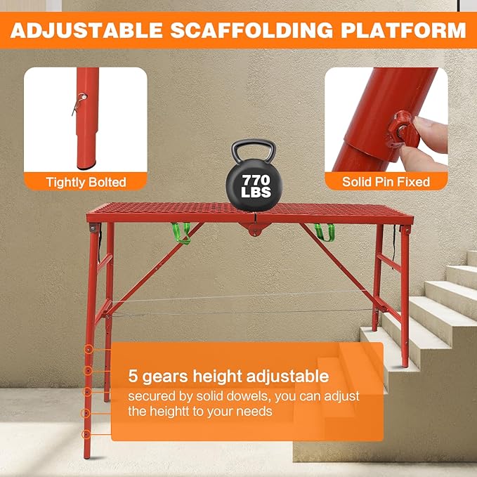 Adjustable Ladder Work Platform, 70(L) x15(W) x Adjustable Platform Ladder for Stairs, Home Portable Scaffoldding,770 Lbs Capacity