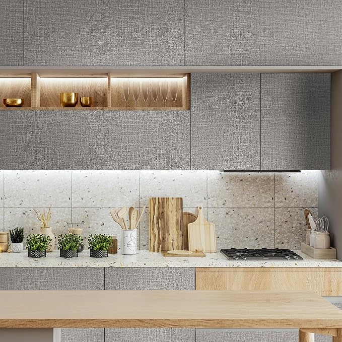 WADILE Grasscloth Peel and Stick Wallpaper 15.7in x 196.8in Light Gray | Textured contact paper, Faux linen, Vinyl material, Cabinets, Self adhesive