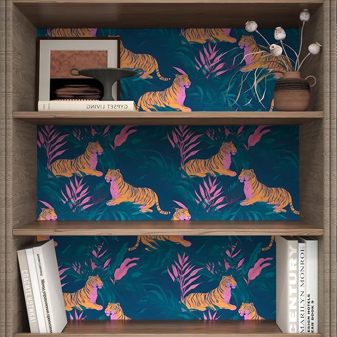 BOKEBEVE Tropical Tiger Wallpaper Peel and Stick Green Pink 17.5 x 118In | Removable Self Adhesive Renter Friendly Jungle Tiger Wall Paper for Bedroom Bathroom Living Room Feature Accent Wall