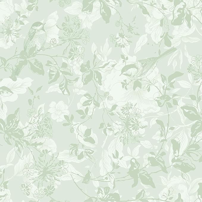 17.3" X 385" Peel and Stick Wallpaper Floral Boho Green Contact Paper Bird Cute Girl Modern Wall Paper Renter Friendly Waterproof Removable Self Adhesive Bedroom Kitchen Dorm Cabinets Vinyl