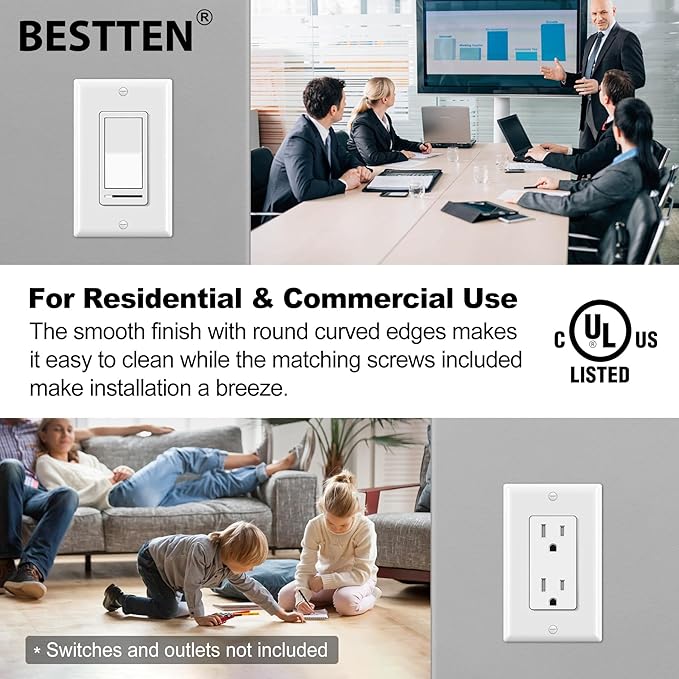 BESTTEN 40 Pack 1-Gang Switch Plates, Electrical Outlet Receptacle Covers, Unbreakable Polycarbonate Light Switch Cover, Standard Size 2.76” x 4.5”, UL Listed, Contractor Pack, White
