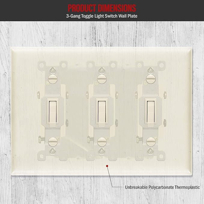 ENERLITES Triple Light Switch Wall Plate, Toggle Switch Plate, Gloss Finish, 3-Gang Mid-Size 4.88" x 6.77", Unbreakable Polycarbonate Thermoplastic, UL Listed, 8813M-LA, Light Almond
