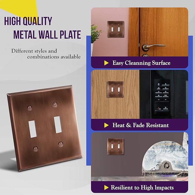 ENERLITES Double Toggle Light Switch Metal Cover Plate, Wall Plate, Stainless Steel 201, Corrosion Resistant, Standard Size 2-Gang 4.50" x 4.57", 7712-AC, Antique Copper