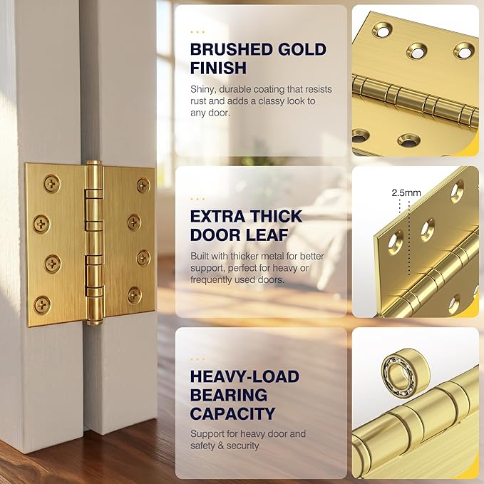 KOLET Ball Bearing Brushed Gold Door Hinges, 4 x 4 Inches Brass Gold Door Hinges, Square Corner, Stainless Steel Hinges, Heavy Duty, Smooth and Non Removable Pin, Brushed Gold, 3 Pack