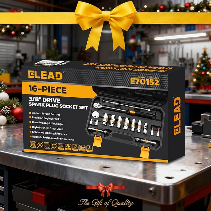 16-Piece Spark Plug Socket Set, 3/8" Drive Swivel Magnetic Spark Plug Removal Tool Kit with Torque Wrench (5–45 lb-ft), E-Torx & Torx Bit Sockets, Extensions & Universal Joint