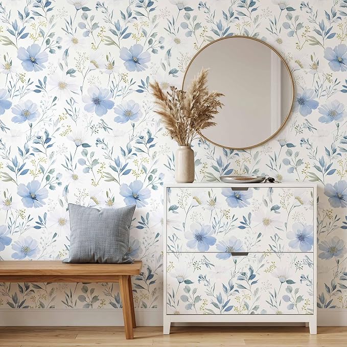 Light Blue Floral Peel and Stick Wallpaper, 17.7in x 393.7in | Self-adhesive and removable watercolor flower design for bedroom, living room, and accent wall