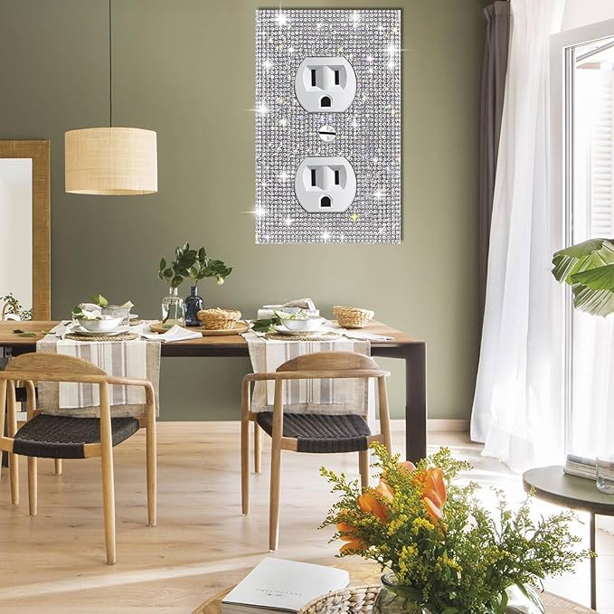 4 PC Shiny Silver Rhinestones Outlet Covers Wall Plates Light Switch Cover Plate Outlet Cover Rhinestones Outlet Plate Decoration Wall Electrical Outlet Cover Plates