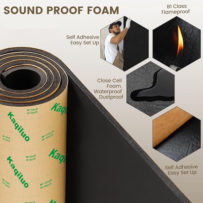 Kaqiluo High Density Self-Adhesive Sound Insulation Acoustic Closed Cell Foam, 5.8 sqft x 0.4in Thick, 50+kg/m³ ,Sound Proof Padding, Fire/Water Resistant Acoustic Treatment Foam