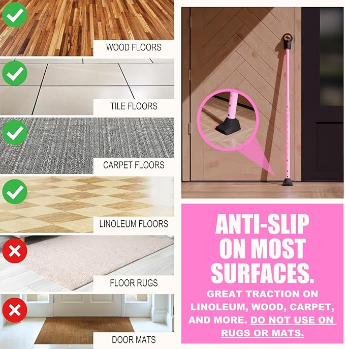 SECURITYMAN 3-in-1 Door Security Bar, Security Door Stoppers & Door Barricade – Heavy Duty Adjustable Iron Security Lock Bar for Home Defense, Apartment & Travel Safety (1 Pack - Pink)