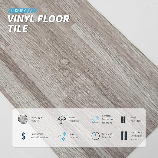 Art3d Peel and Stick Floor Tile Vinyl Wood Plank 36-Pack 54 Sq.Ft, Dusty Grey, Rigid Surface Hard Core Easy DIY Self-Adhesive Flooring